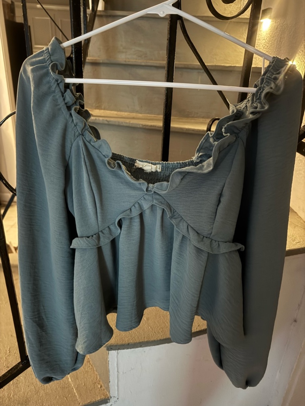 Women's Dusty Blue Ruffled Off-Shoulder Blouse